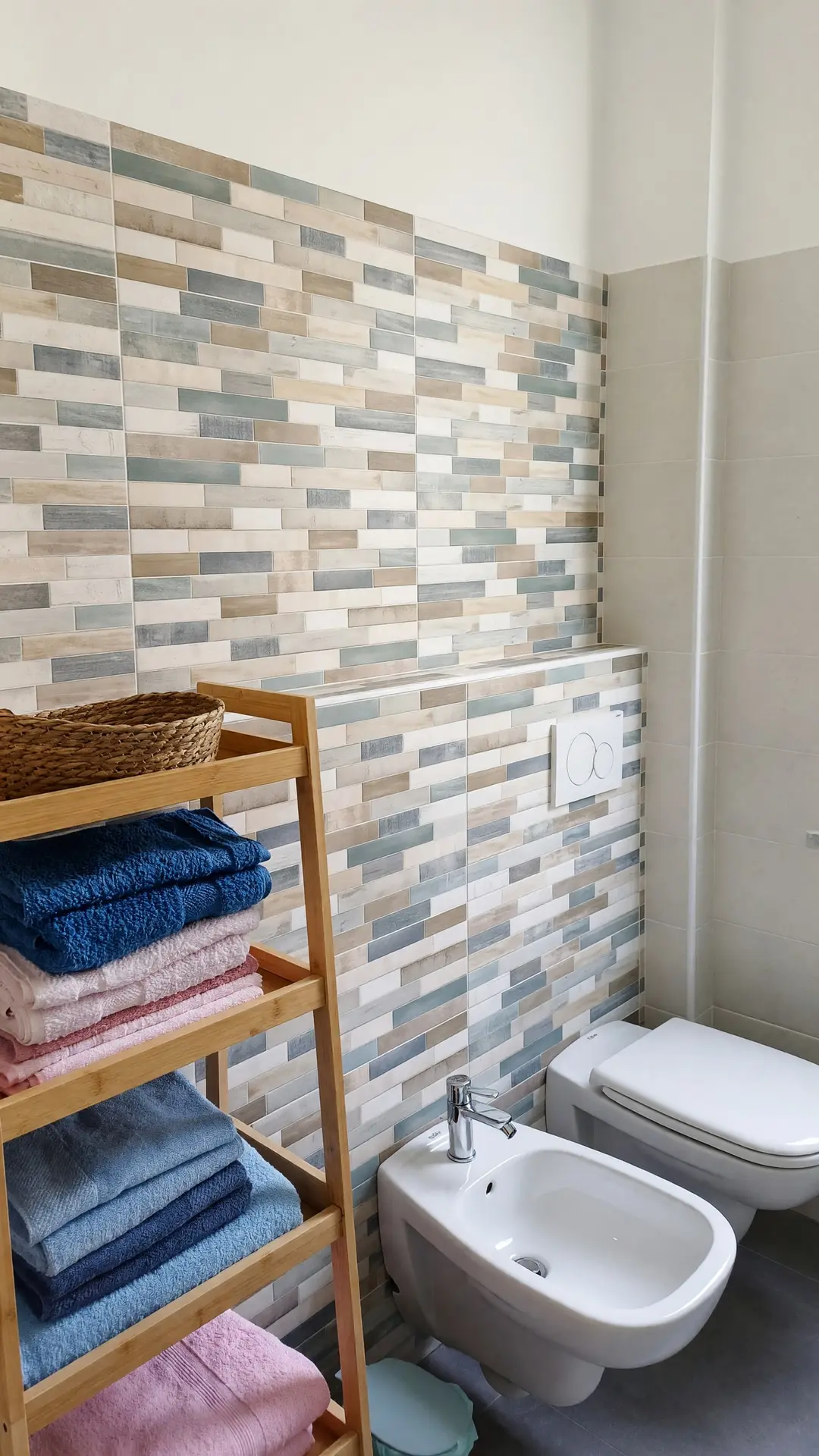 Gli asciugamani piegati sulla scaletta di legno del bagno, azzurri e rosa
