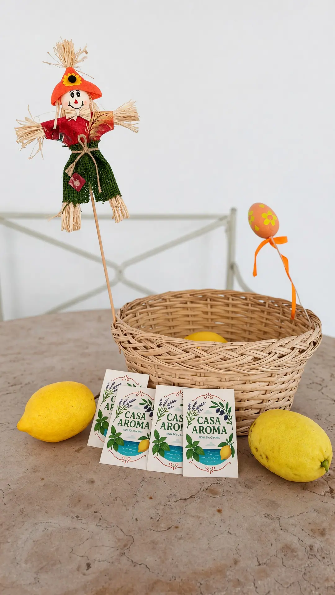 Il cestino di benvenuto sul tavolo: limoni, i cartoncini di Casa Aroma e uno spaventapasseri di paglia