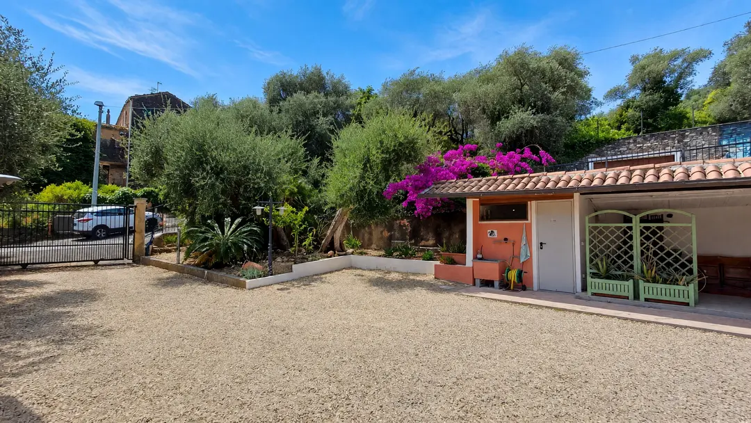 Il parcheggio interno in ghiaia, fra gli ulivi e la bouganville